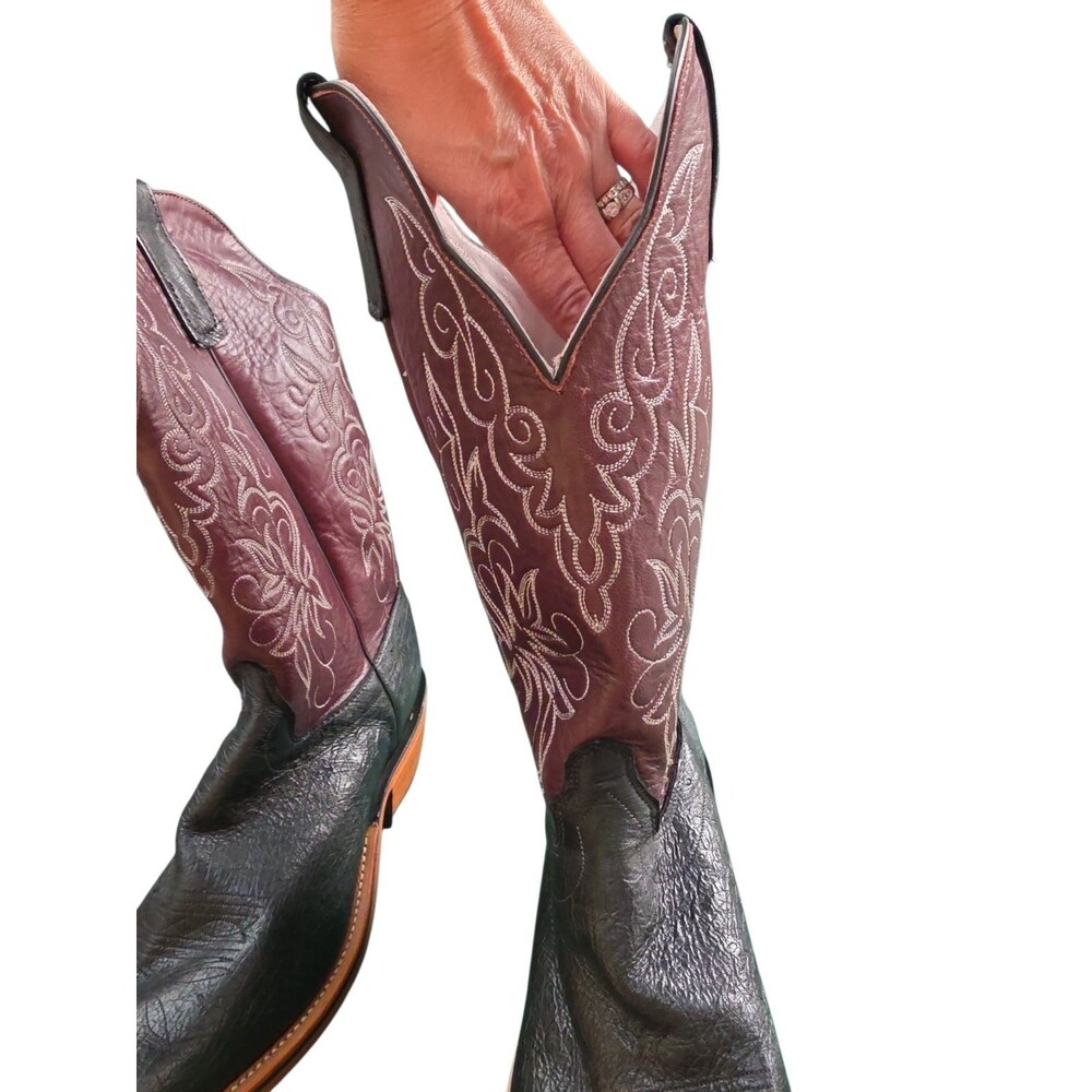 Olathe Western Boots Size 13D Black Smooth Ostrich Burgundy Shaft Square Toe - Picture 6 of 10